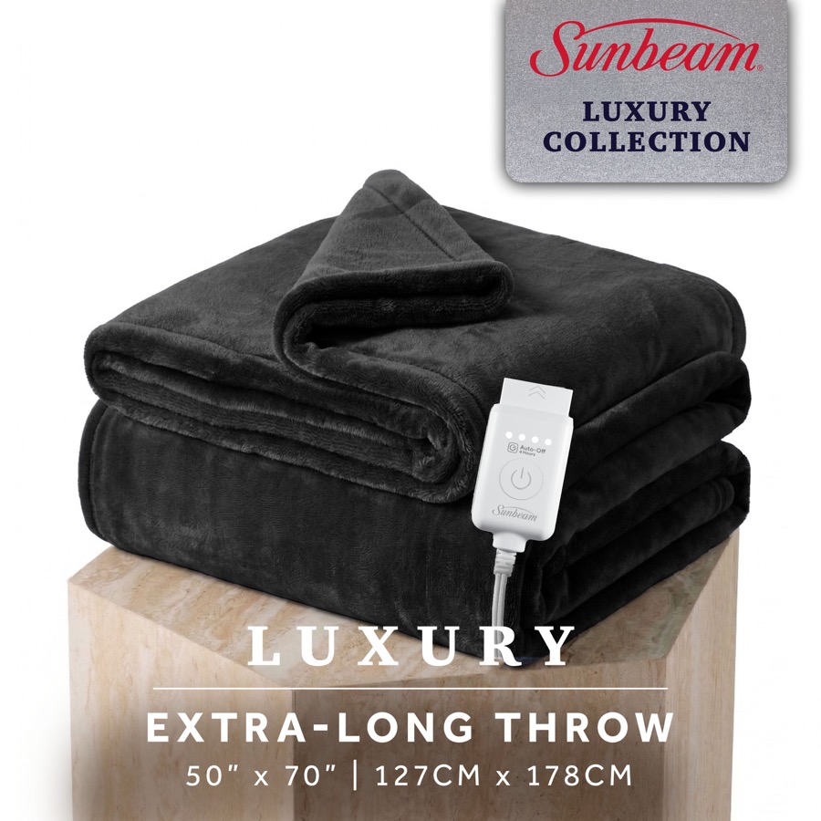 Sunbeam Heated Throw, Luxe Plush Luxury Collection, Black, 50x70 (#14616)